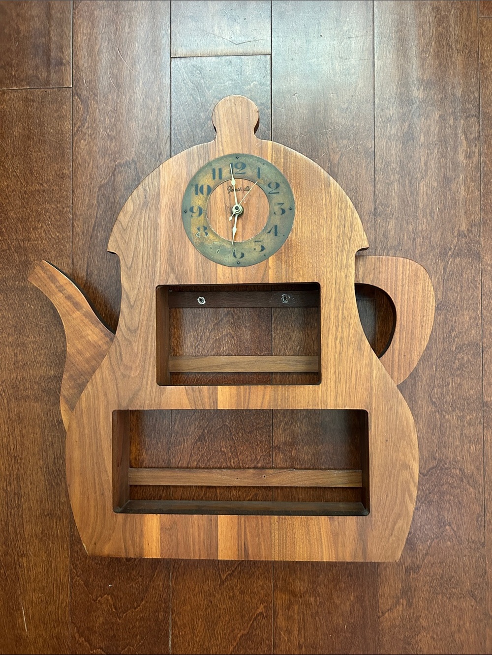 Vintage Forestville Wood Teapot Wall Clock and Spice Rack Shelf
